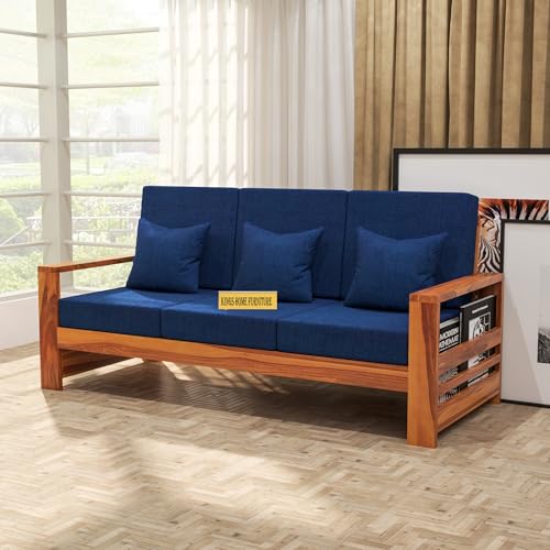 Image of Sheesham Wooden 3 Seater Sofa for Living Room | Rosewood 3 Seater Cushion Sofa with Side Rack | Solid Wood Sofa Set for Lounge (3 Seater,Honey Finish)