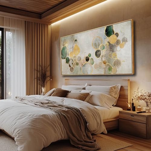 Abstract Canvas Wall Art Gold Circle Painting Green Artwork Framed Wall Prints 29"x 58" Office Wall Decor Colorful Pictures for Living Room Bedroom by YJYart - Image 3