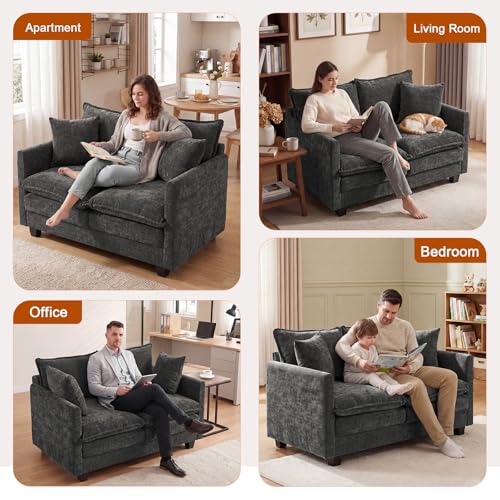 Image of 50'' Loveseat Sofa Set, Small Couch Set 2 Piece Cloud Love Seat with 27 inch Deep Seat Washable Chenille Pillows Couches for Small Spaces Apartment Living Room, Grey