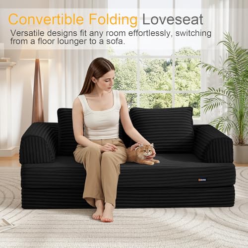 Image of COMAX Convertible Sofa Bed, Folding Floor Couch Corduroy Fold Out Couch Bed Futon Sleeper Mattress with Pillows, Boneless Sofa Comfy Lounge Loveseat for Living Room Bedroom, Plush Black