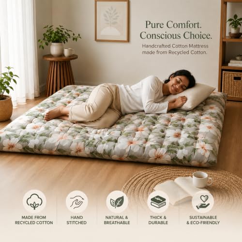 Image of Rhythm Cotton Foldable Mattress for Floor | 3 inch Quilt Mattress for Single Bed | Soft & Comfortable, Reversible Gadda | 120 GSM Medium Firm Cotton Filled Fabric Single Size