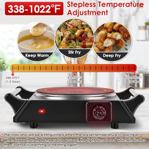 Image of 1000W Electric Single Hot Plate Control Infrared Burner | Ceramic Countertop Cooktop Portable Stove with 5 Temperature Stepless Adjustments Portable Handles for Kitchen RV