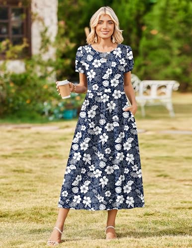 Image of Zeagoo Summer Dresses for Women 2026 Maxi Bohemian Floral Short Sleeve Long Dress Casual Flowy Tired Beach Sundress