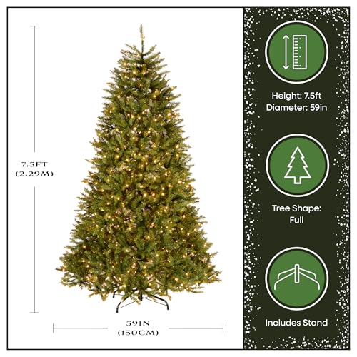 Image of National Tree Company 7.5 ft Pre-Lit Dunhill Fir Artificial Christmas Tree, 750 Clear Lights, 2,514 Tips, Includes Stand, Green