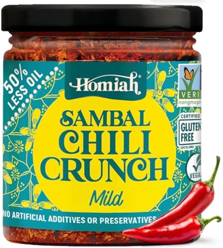 Homiah Sambal Chili Crunch, 6 Oz - Vegan Low Sodium Less Oil Gluten-Free Sambal Oelek, Non-GMO, Spicy Chili Crisp Topping with Seaweed - Mild