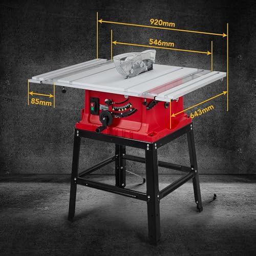 TROPOW 10 Inch Table Saw, 90°Cross Cut & 0-45°Bevel Cut, 5000RPM Portable Tablesaw with Stand & Port for Connecting Dust Collector, Adjustable Blade Height Wood Saw with 36" X 25" Working Surface, Red