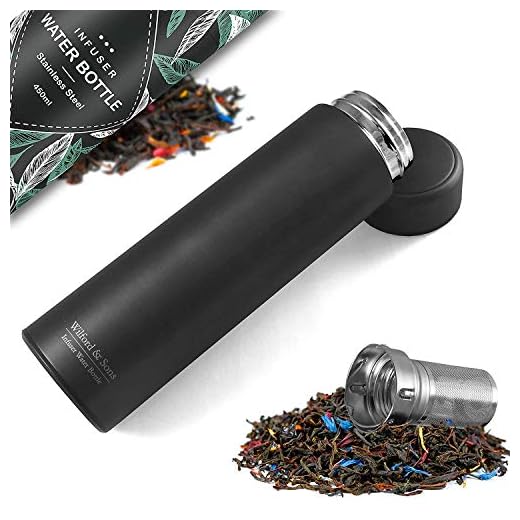 Botella de agua térmica infusor + filtro para té infusiones + inserto da fruta sin BPA | Termo hermético 450ml de acero inoxidable | Cantimplora aislada para oficina, colegio, deporte, bicicleta