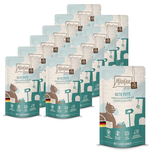MjAMjAM - Premium Nassfutter für Katzen - Quetschie - purer Fleischgenuss - gute Pute pur, 12er Pack (12 x 125 g), getreidefrei mit extra viel Fleisch