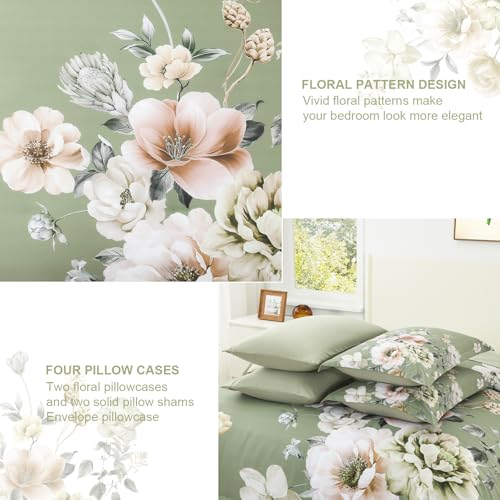 Image of Floral King Size Comforter Set - 7 Piece Botanical Green Flower Bed in a Bag Ulter Soft Microfiber Bedding Set, Lightweight Bed Comforter Set with Sheets for All Season (Green, King)