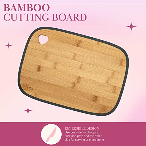 Paris Hilton Reversible Bamboo Cutting Board And Cutlery Set With Matching High Carbon Stainless Steel Knives, Blade Guards, Sleek Yet Comfortable Handle Grips, 7-Piece Set Gold, Charcoal Gray #TOP6