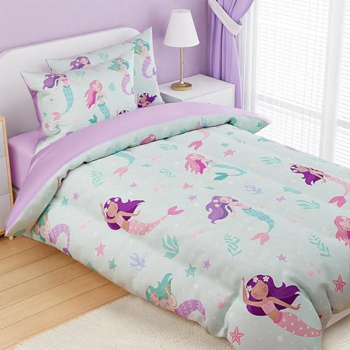 Image of SANDJEST Mermaid Comforter Set Full Size 98x86in for Kids Girls, Microfiber 4 Pcs Bedding Set Includes 1 Comforter, 2 Pillowcases, 1 Fitted Sheet, Nursery Room Decor