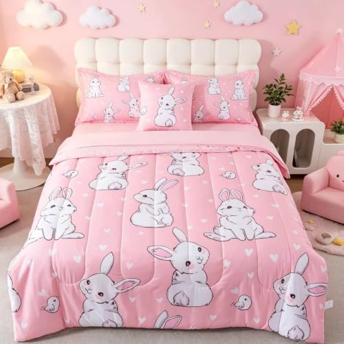 lishjekee 6Pieces Pink Bunny Comforter Twin Girls Rabbits Bedding Set