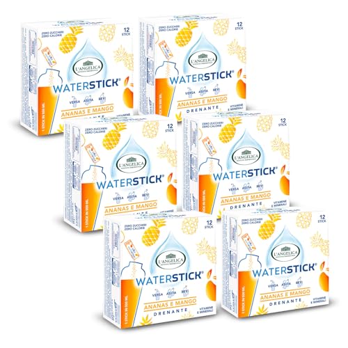 L'Angelica, Waterstick Drenante, 6 astucci da 12 Stick Aroma per Acqua Senza Zucchero, Gusto Ananas e Mango, Ideale contro Stanchezza e Affaticamento, 6 pezzi