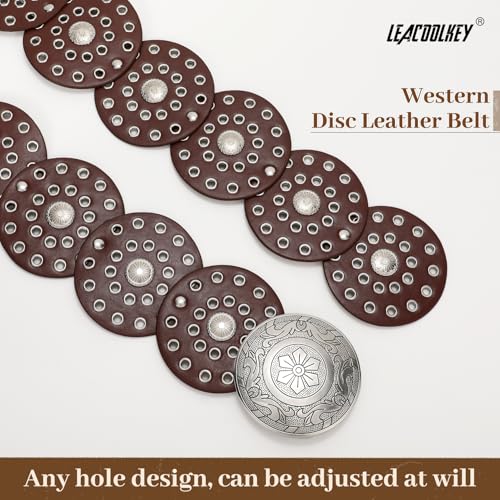 Image of LEACOOLKEY Women's Boho Disc Belt Wide Western Leather Belt Vintage Concho Waist Belts for Dress Jeans