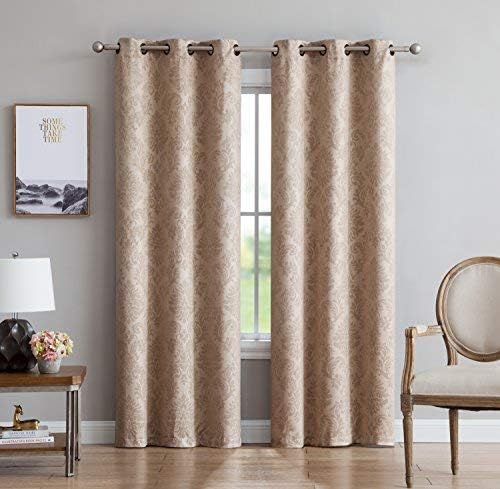 Linen Zone Pair of Damask Camel Tan Bedroom Curtains. These Modern Decor Black Out Curtains are Great Choice as Bedroom Window Curtains or Nursery Blackout Curtains. (Evelyn 38 x 84 Taupe)