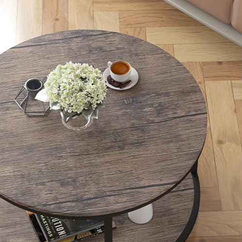 Image of NSdirect Round Coffee Table, 27.5 inch Small Coffee Table for Living Room,2-Tier Rustic Wood Desktop with Storage Shelf Modern Design Home Furniture(Light Walnut)