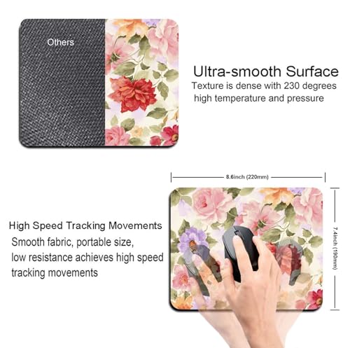 Image of Mouse Pad Flowers Pattern, Premium-Textured Custom Mouse Mat Design, Washable Mousepad Lycra Cloth, Non-Slip Rubber Base Computer Mouse Pads for Wireless Mouse