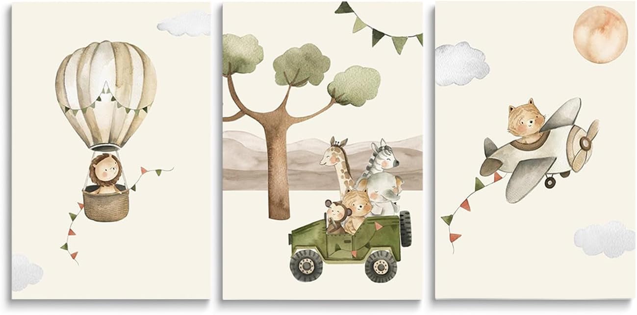 SKYSUKEY Boho Nursery Wall Decor, Wild Forest Kids Wall Art, Dark Blue Star Night Moon Netural Mountain Wall Art, Fairy Animals Nursery Decor, Nature Prints for Boy Girl, Set 3 Framed, 16"x24"