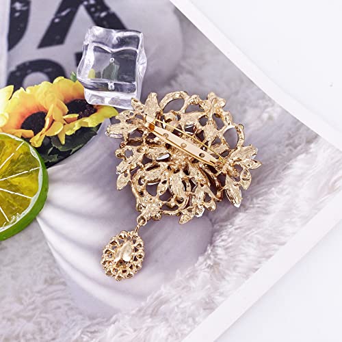 Image of LAXPICOL Wedding Bridal Big Brown Crystal Rhinestone Bouquet Brooch Pin for Women Golden Tone