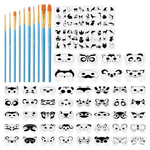 68 Pcs Halloween Face Paint Stencils Kit, 48 Face Painting Stencils 10 Stickers and 10 Painting Brushes Halloween Mask Stencils Reusable Makeup Templates for Kids DIY Drawing Art (Animal Style)