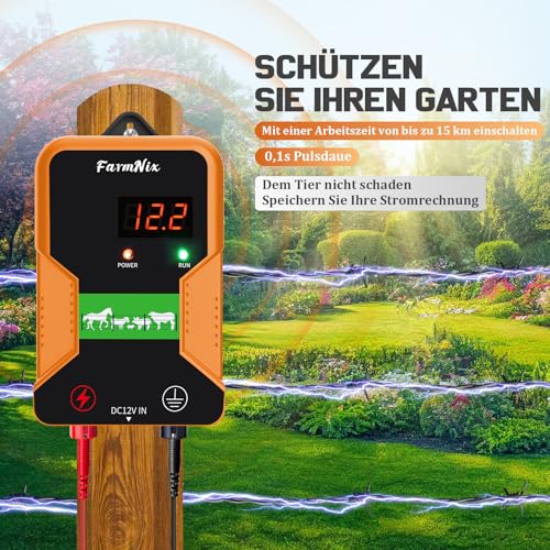 12V Weidezaungerät mit LED Anzeige, 2J Wasserdicht Elektrischer Weidezaun 230V für 15 KM Reichweite, LED Display Eelektrozaun für Schutz von Nutztieren,Haustieren,Geflügel, Hausweide,Gärten (Orange)