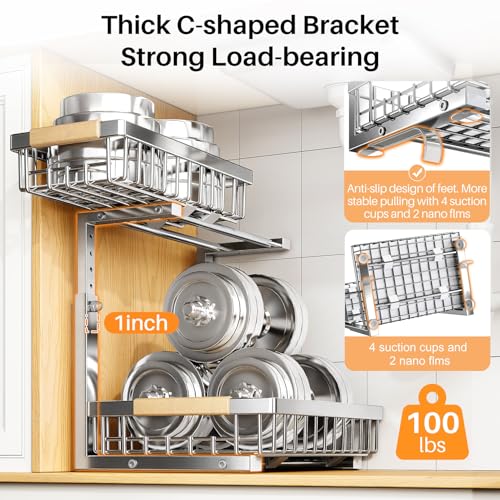 Image of PXRACK Under Sink Organizer, Adjustable Height, 2 Tier Pull Out Cabinet Organizer, Slide Out Thickened Metal Storage for Kitchen Bathroom Laundry Pantry Cabinet, Stainless Steel, Silver, Large-2-Pack
