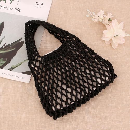 Image of Naimo Straw Beach Bag Woven Rattan Shoulder Bag Fishing Net Handbag Cotton Rope Tote Summer Crochet Hobo Bag