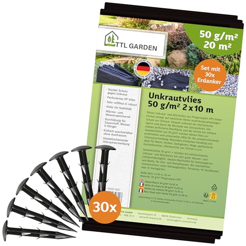 TTL Garden 50g/m² Unkrautvlies 20m² 2x10m + 30 Erdanker Kunststoff 12cm - sehr wasserdurchlässig 10 x 2 m breit gefaltet - Gartenvlies gegen Unkraut reißfest UV-stabil & atmungsaktiv schwarz