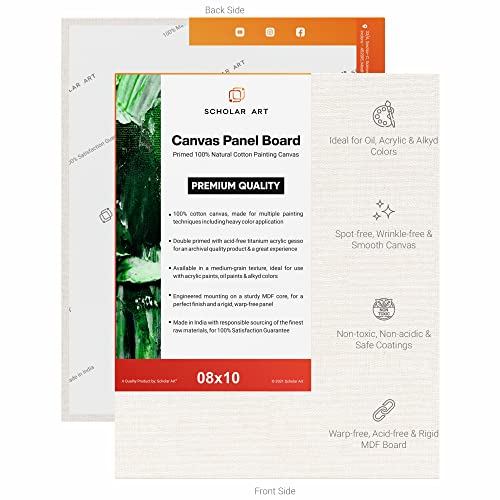 Image of Scholar Art Hobby Series 04 Oz (230 GSM) 100% Cotton Canvas Panel Board for Painting (White Blank Canvas Boards for Acrylic Paint, Oil Paint, Wet & Dry Media) | 08 inchx10 inch (20x25 cm), Pack of 4