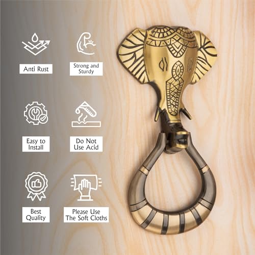 Image of COMPASS Lambodhar Design Brass Home Decor | Door Decor | Door Knocker with Antique Finish | 8.3 inch | Pack of 1