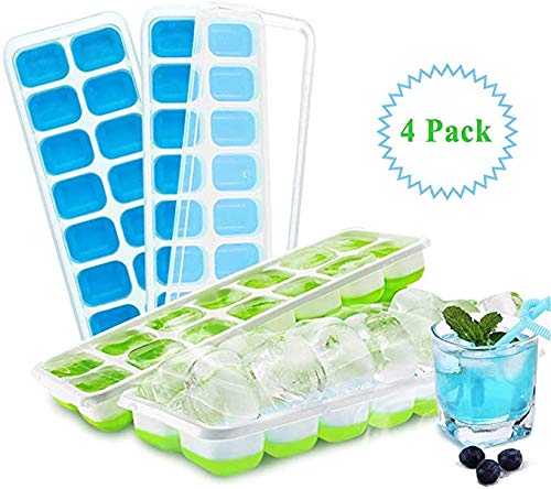 DHLP 4 paquetes de bandeja para cubitos de hielo, apilable de silicona, moldes cuadrados, sin derrames, tapa bloqueable LFGB FDA, sin BPA, para whisky y congelador de alimentos para bebés azul