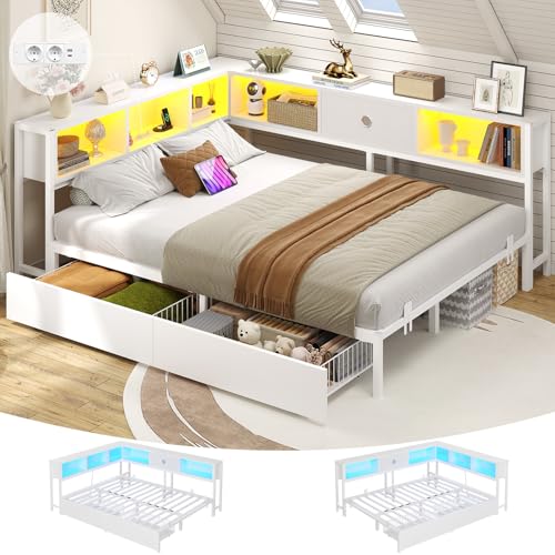 DICTAC Jugendbett 140x200 mit LED-Beleuchtung und Ladestation, Schlafsofa 140 x 200 mit stauraum-6 Staufächern und 2 Schubladen, Tagesbett mit Lattenrost aus Metall, Weiß DICTAC Jugendbett 140x200 mit LED-Beleuchtung und Ladestation, Schlafsofa 140 x 200 mit stauraum-6 Staufächern und 2 Schubladen, Tagesbett mit Lattenrost aus Metall, Weiß
