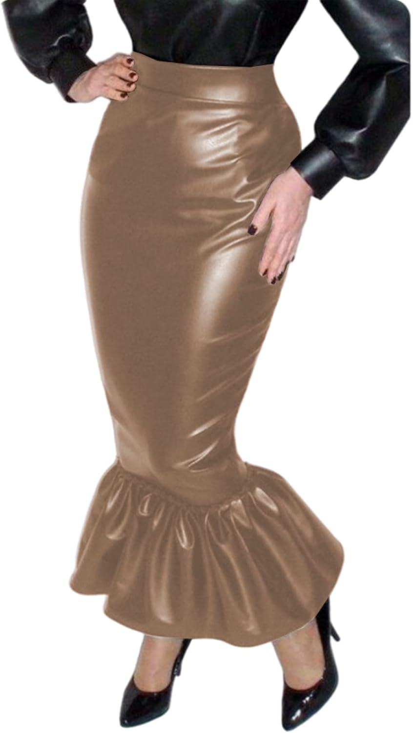 Women High Waist Party Skirts Shiny PVC Slim Package Hip Maxi Skirt Event Outfits,Black,L