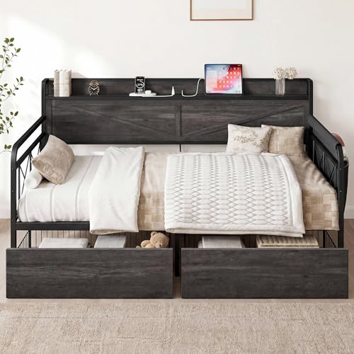 Image of LIKIMIO Twin Daybed with Farmhouse Storage Headboard | Day Bed with 2 Storage Drawers, Side Pocket, Built-in Charging Station, Charcoal Grey