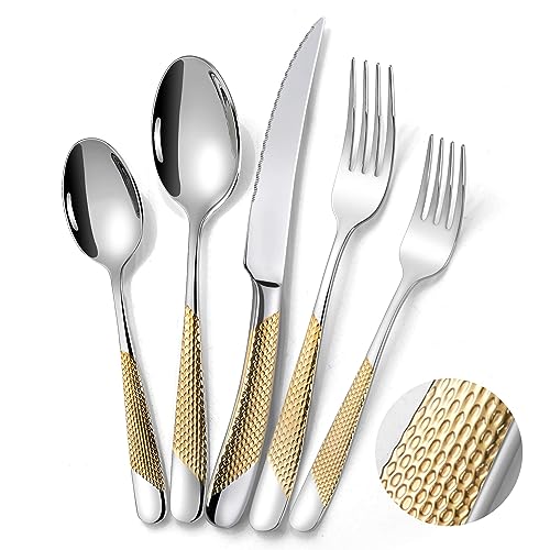 18 10 Gold Flatware Sets: Elegant, Durable, and Perfect for Any Occasion 4 Lemeya 40-Piece Hammered Silver Gold Silverware Set for 8 with Serrated Forging Knives,18/10 Stainless Steel Modern Flatware Set,Unique Cutlery Set Spoons and Forks Set,Mirror Polished,Dishwasher Safe