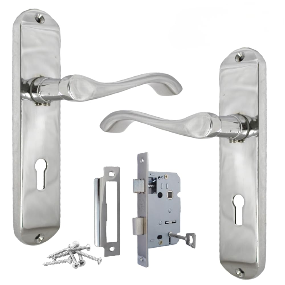 Epsom Door Handle Silver Cadenza Victorian Scroll Polished Chrome Interior Door Handle Sets With Latch, Keyed And Bathroom Options (178Mm X 38Mm) (Lock Version + 3 Lever Sash Lock)