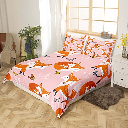 Erosebridal Kids Cartoon Fox Bedding Sets Full Size,Multicolor Butterfly Duvet Cover Boys Girls Woodland Fox Comforter Cover Teens Wildlife Animal Quilt Cover With 2 Pillow Shams,3Pcs Pink Orange #TOP1