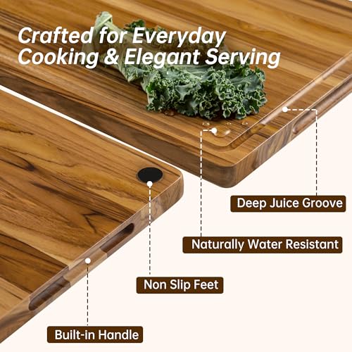 Image of Teak Wood Cutting Board Set of 3 Wooden Cutting Boards for Kitchen | Premium Teak Wood • FSC Certified • Deep Juice Groove • Built-In Handles • Non-Slip Feet • 3 Practical Sizes • Gift-Ready Box