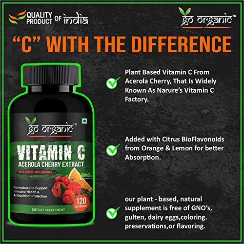 Image of Go Organic Vitamin C with Organic Acerola Cherry and Natural Citrus Bioflavonoids - Whole Food Vegan Supplement - 500 mg - Time Release - Non-GMO - 120 Capsules (Pack of 2)