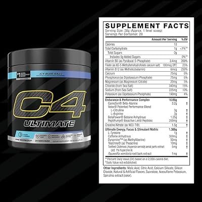 C4 Ultimate Pre Workout Powder ICY Blue Razz - Sugar Free Preworkout Energy Supplement for Men & Women - 300mg Caffeine + 3.2g Beta Alanine + 2 Patented Creatines - 20 Servings