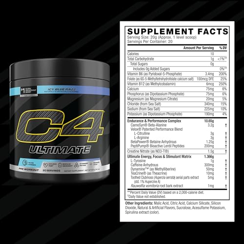 Image of C4 Ultimate Pre Workout Powder ICY Blue Razz - Sugar Free Preworkout Energy Supplement for Men & Women - 300mg Caffeine + 3.2g Beta Alanine + 2 Patented Creatines - 20 Servings