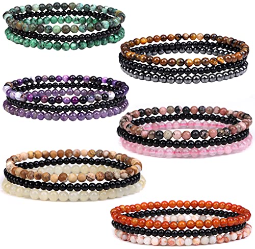 Casdan 18 Pcs 4Mm Mini Semi-Precious Gemstones Beaded Bracelets For Women Men Healing Stone Bracelet Crystal Beaded Bracelet Adjustable Elastic Stretch Bracelet Unisex Jewelry Gifts #TOP19