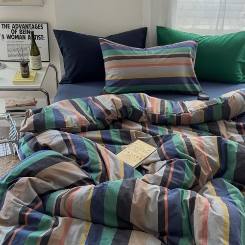 Image of mixinni Vintage Striped Duvet Cover Full 100% Washed Cotton Bedding Set Retro Mid Century Modern Striped Duvet Cover with Zipper Closure Corner Ties for Kids Teens Dorm