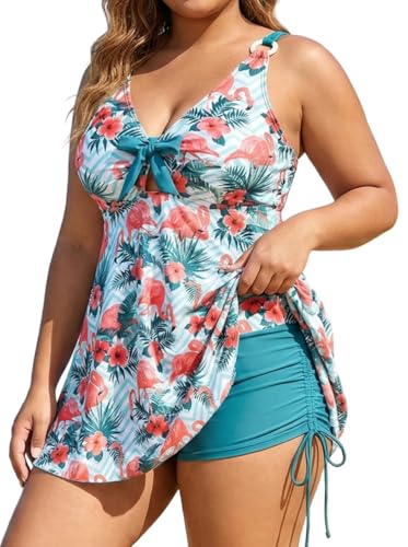 ROSE GAL Plus Size Women Tropical Two Piece Bathing Suit Flamingo Floral Leaf Print Self-tie Modest Tankini Swimsuit(Blue/L)
