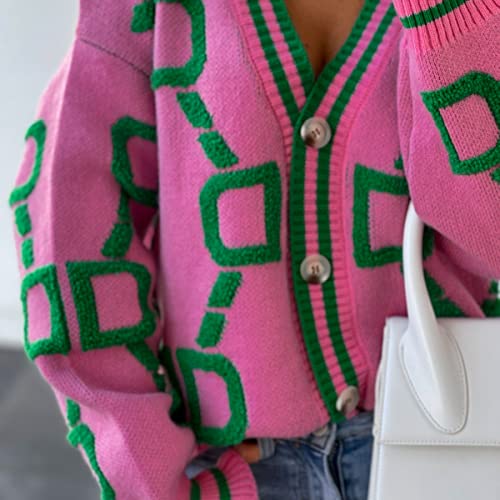 Womens Contrast Color Button Down Cardigan Sweaters V-Neck Long Sleeve Loose Knit Chunky Cardigan4