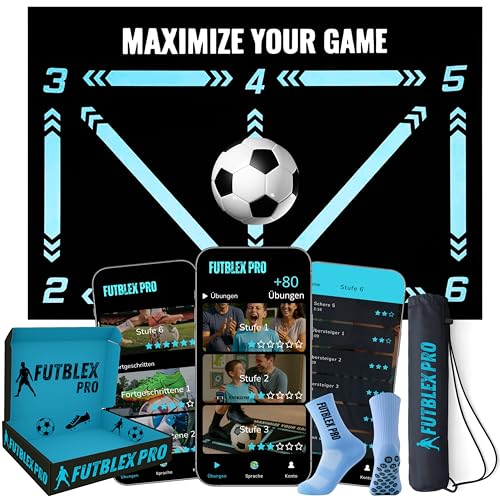 Fussball Matte mit App – Inklusive Trainings App mit interaktiven Videos und progressiven Übungen + rutschfeste Socken, Transporttasche und Premium-Geschenkbox