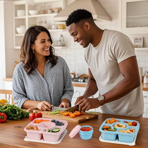 Original Lunchable Snack Containers - 5 Compartments Bento Snack Boxes with 1 Leakproof Small Containers, Wheat Straw, BPA-Free, Set of 2 (Bule+Pink) #1