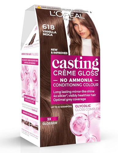 Casting Crème Gloss 618 Vanilla Mocha: This no-ammonia semi-permanent hair colour lasts 32 washes. Enjoy up to 3x glossier 4x silkier visibly healthier hair with a warm vanilla mocha shade.