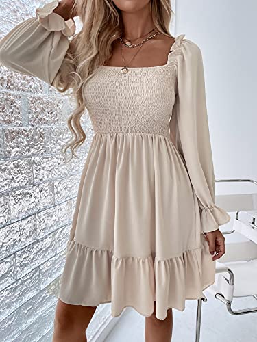 GORGLITTER Women's Long Sleeve Ruffle Mini Dress Square Neck Flowy A Line Smocked Dresses Khaki Large3