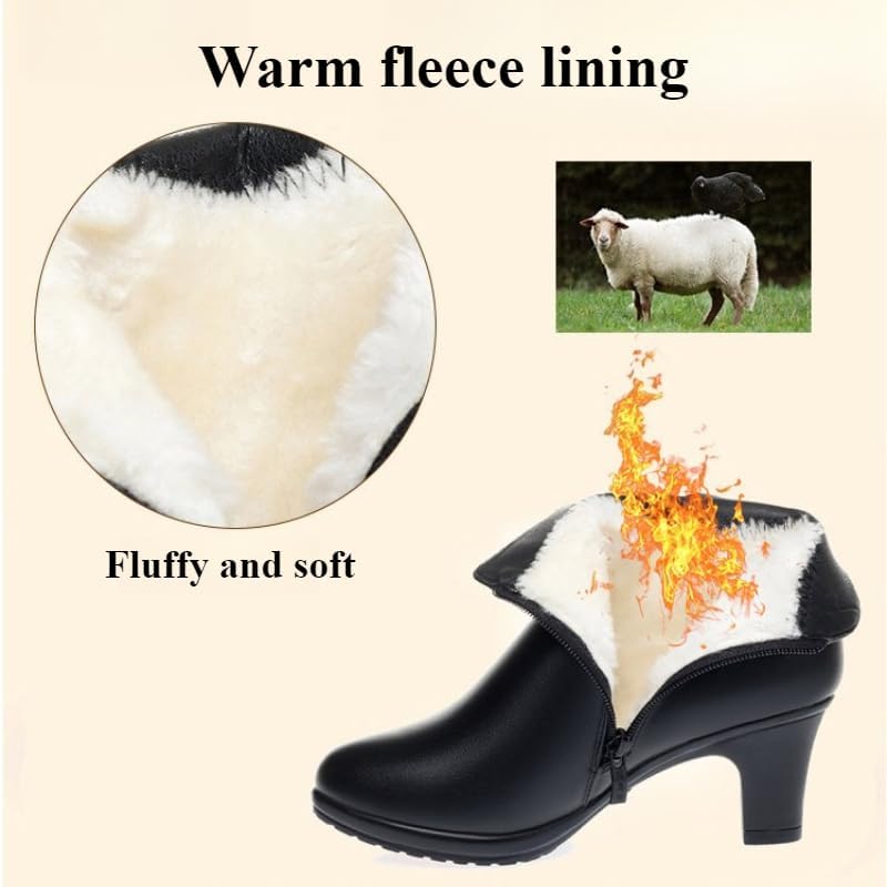 Women's Mid Block Heel Ankle Boots Fashion Rhinestones Buckle Decor Comfort Warm Fur Lined Chunky Heels Snow Boots with Side Zipper